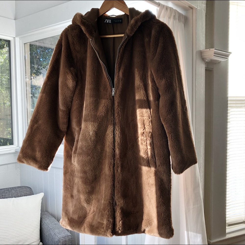 Zara Brown Faux Fur Coat in Perfect Condition